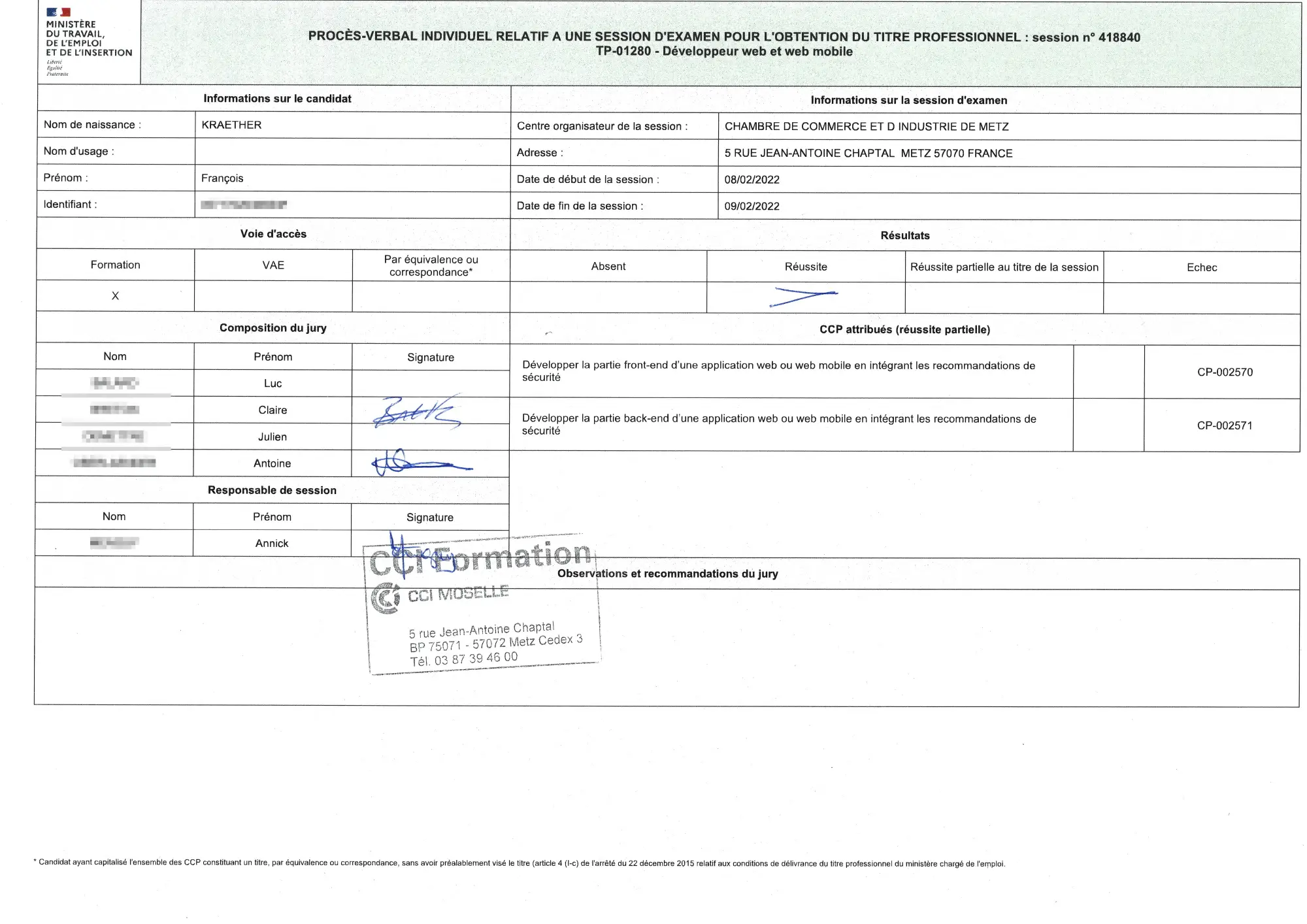 proves verbal titre developpeur web